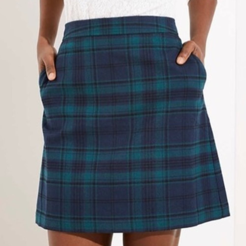 Blue Green Plaid Shift Skirt with Pockets and Zipper